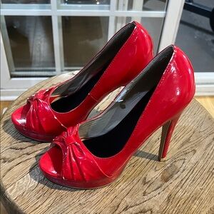 Patent Red Peep-Toe High Heels with Knotted Front